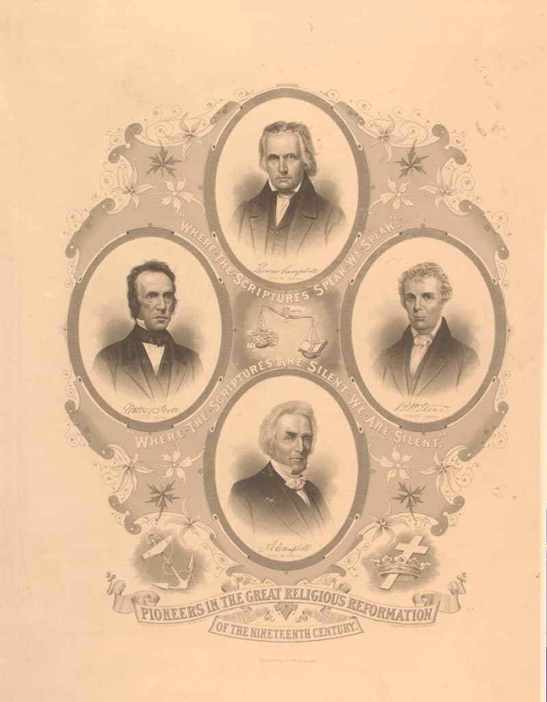Stampa ottocentesca dei pionieri del movimento di restaurazione: Thomas Campbell, Walter Scott, Barton W. Stone e Alexander Campbell